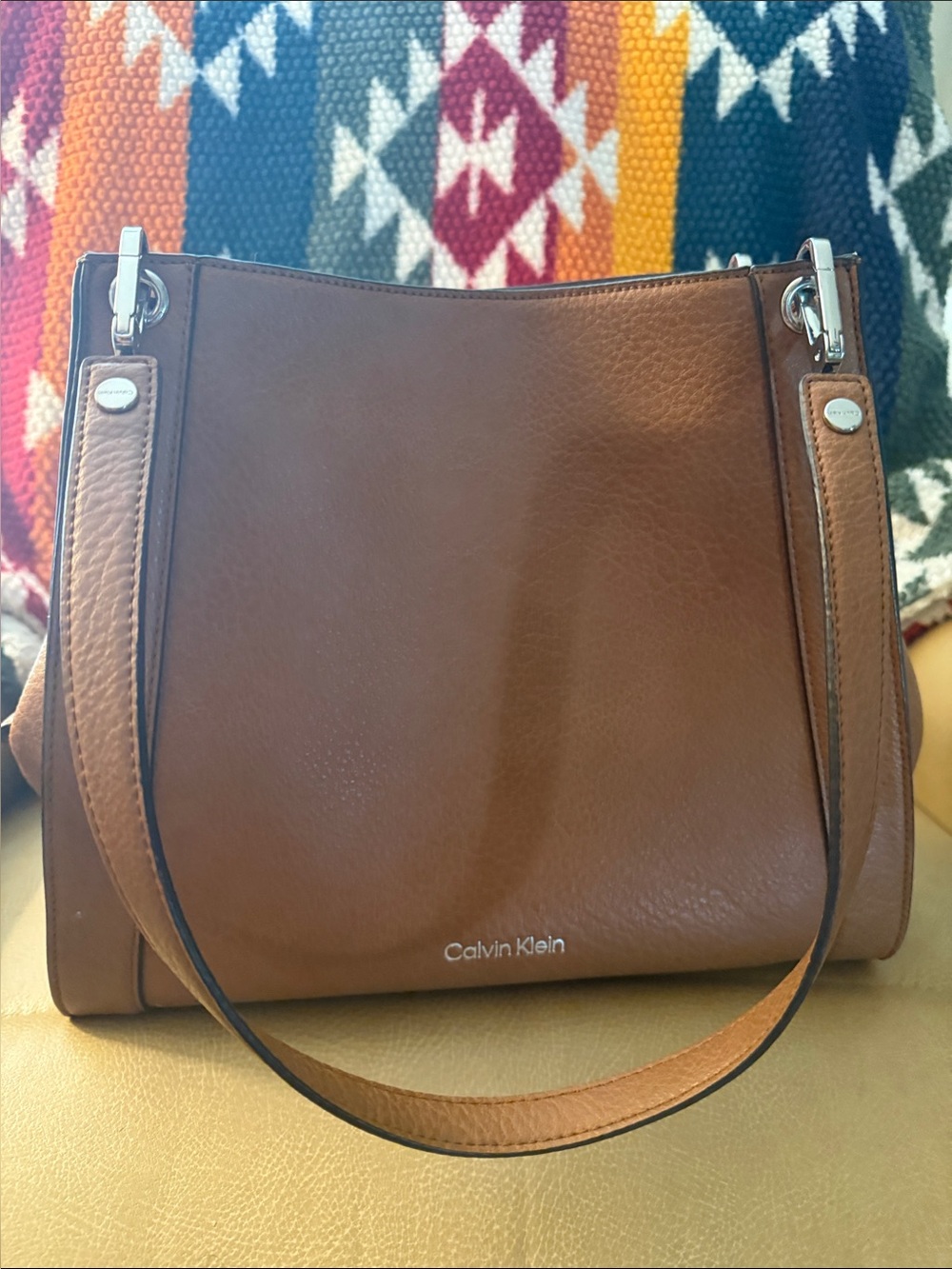 Calvin Klein Tan Leather Shoulder Bag with Silver Hardware